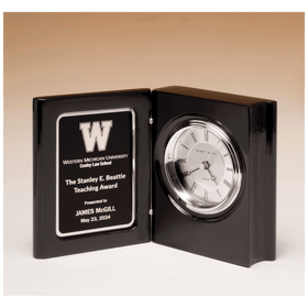 BC1055 - 5 3/8" x 4 1/4" Black Piano Finish Book Clock with Diamond Spun Dial, 3 Hand Movement, Black Plate