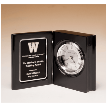 BC1055 - 5 3/8" x 4 1/4" Black Piano Finish Book Clock with Diamond Spun Dial, 3 Hand Movement, Black Plate