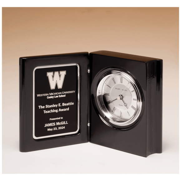 BC1055 - 5 3/8" x 4 1/4" Black Piano Finish Book Clock with Diamond Spun Dial, 3 Hand Movement, Black Plate