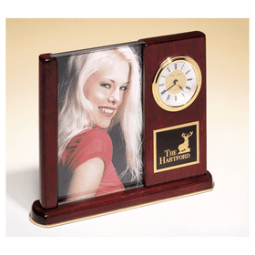 BC19 - 6 3/4" x 8 1/2" Rosewood Piano Finish Clock with Glass Picture Frame/Black Plate
