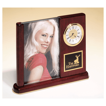 BC19 - 6 3/4" x 8 1/2" Rosewood Piano Finish Clock with Glass Picture Frame/Black Plate