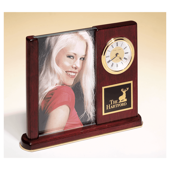 BC19 - 6 3/4" x 8 1/2" Rosewood Piano Finish Clock with Glass Picture Frame/Black Plate
