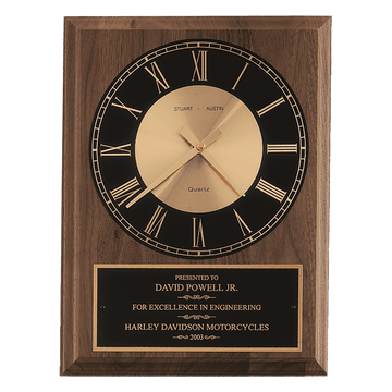 BC248 - 9" x 12" American Walnut Round Face Quartz Clock with Black Plate