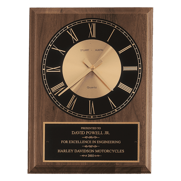 BC248 - 9" x 12" American Walnut Round Face Quartz Clock with Black Plate