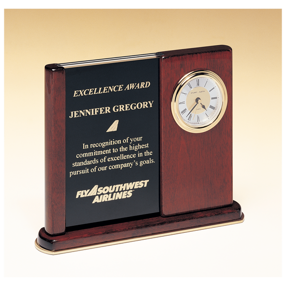 BC3 - 6 3/4" x 8 1/2" Rosewood Piano Finish Clock with Two Engraving Plates to Accomodate Extra Copy