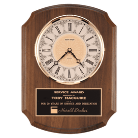 BC380 - 10 1/2" x 13" Walnut Quartz Clock, Brass Diamond Spun Bezel, Glass Lens, Ivory Dial, Plate