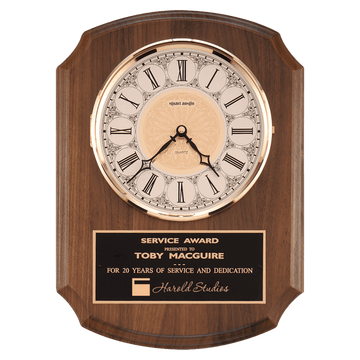 BC380 - 10 1/2" x 13" Walnut Quartz Clock, Brass Diamond Spun Bezel, Glass Lens, Ivory Dial, Plate