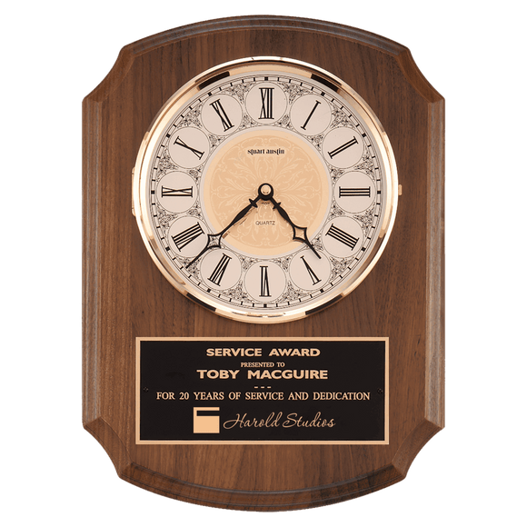 BC380 - 10 1/2" x 13" Walnut Quartz Clock, Brass Diamond Spun Bezel, Glass Lens, Ivory Dial, Plate