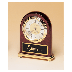 BC46 - 4" x 5" Rosewood Arch Piano Finish Clock, Brass Base, Diamond Spun Dial, 3 Hand Movement with Black Laserable Plate