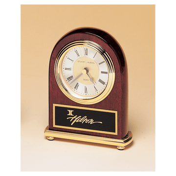 BC46 - 4" x 5" Rosewood Arch Piano Finish Clock, Brass Base, Diamond Spun Dial, 3 Hand Movement with Black Laserable Plate