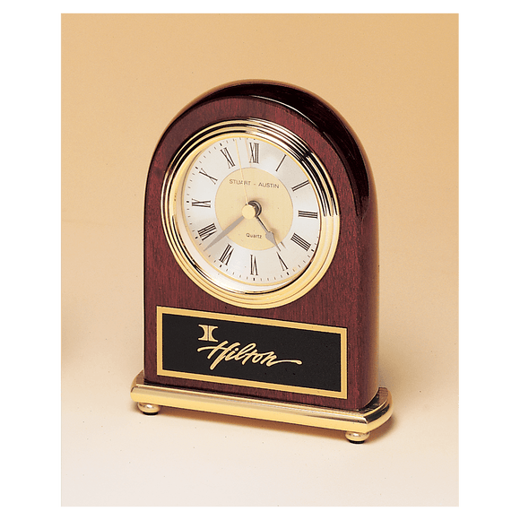 BC46 - 4" x 5" Rosewood Arch Piano Finish Clock, Brass Base, Diamond Spun Dial, 3 Hand Movement with Black Laserable Plate