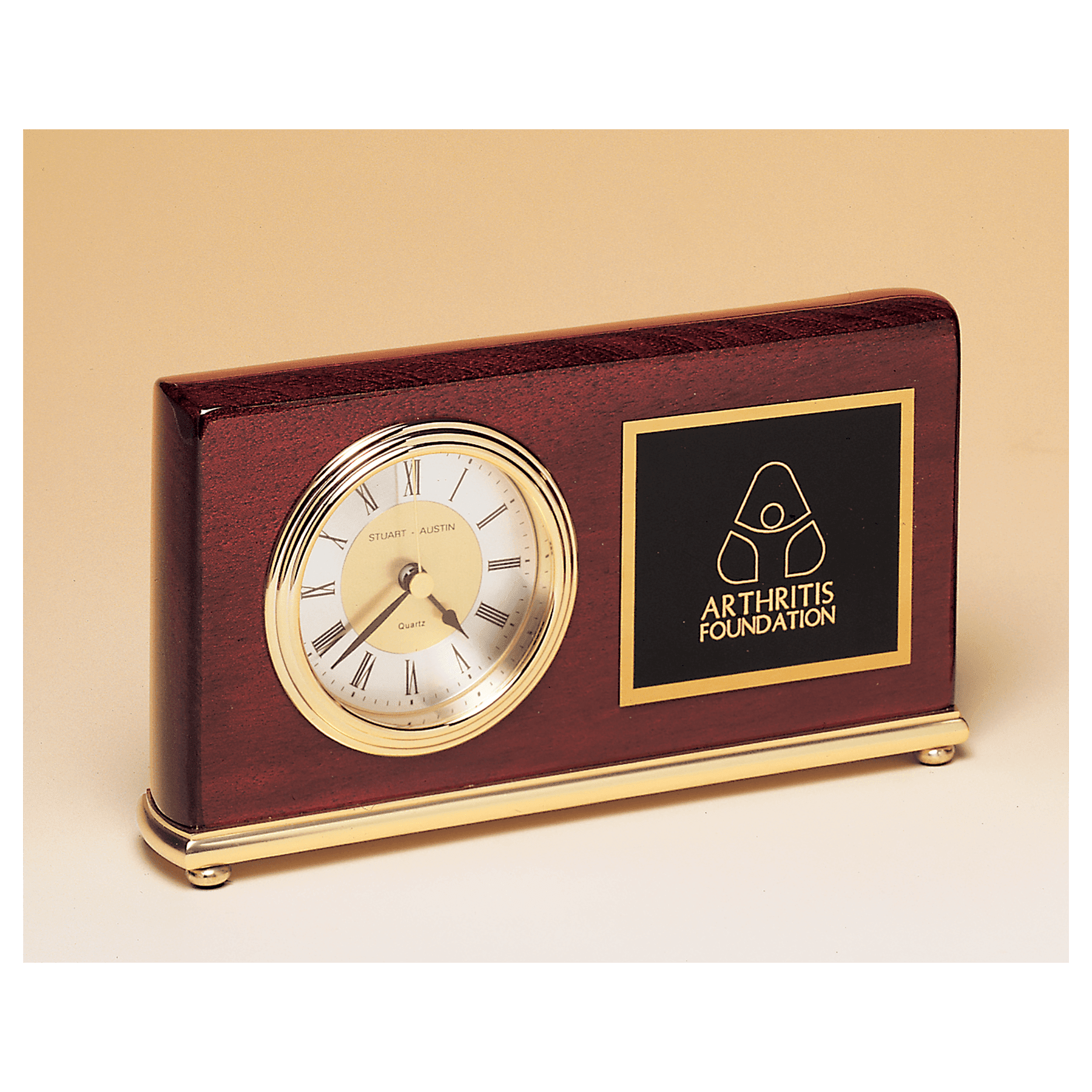 BC48 - 4" x 7 5/8" Rosewood Piano Finish Clock, Brass Base, Diamond Spun Dial, 3 Hand Movement with Black Laserable Plate