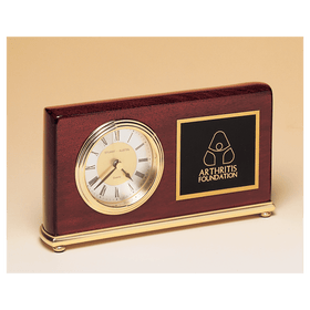 BC48 - 4" x 7 5/8" Rosewood Piano Finish Clock, Brass Base, Diamond Spun Dial, 3 Hand Movement with Black Laserable Plate