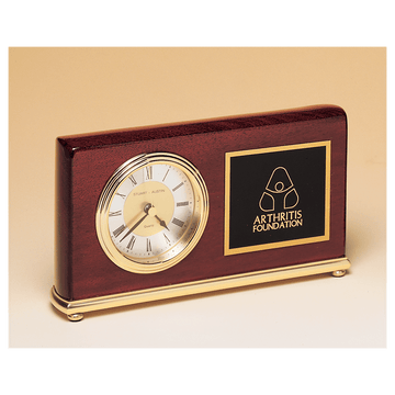 BC48 - 4" x 7 5/8" Rosewood Piano Finish Clock, Brass Base, Diamond Spun Dial, 3 Hand Movement with Black Laserable Plate