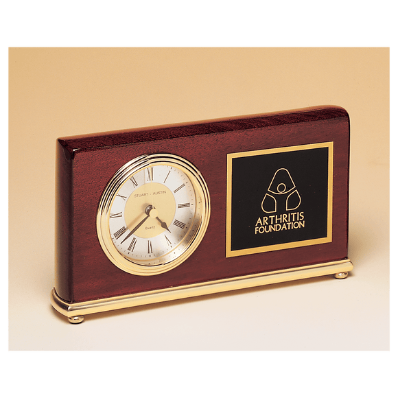 BC48 - 4" x 7 5/8" Rosewood Piano Finish Clock, Brass Base, Diamond Spun Dial, 3 Hand Movement with Black Laserable Plate