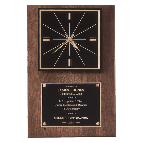 BC52 - 12" x 18" American Walnut Quartz Clock with Black Plate/Hangs Vertical or Horizontal