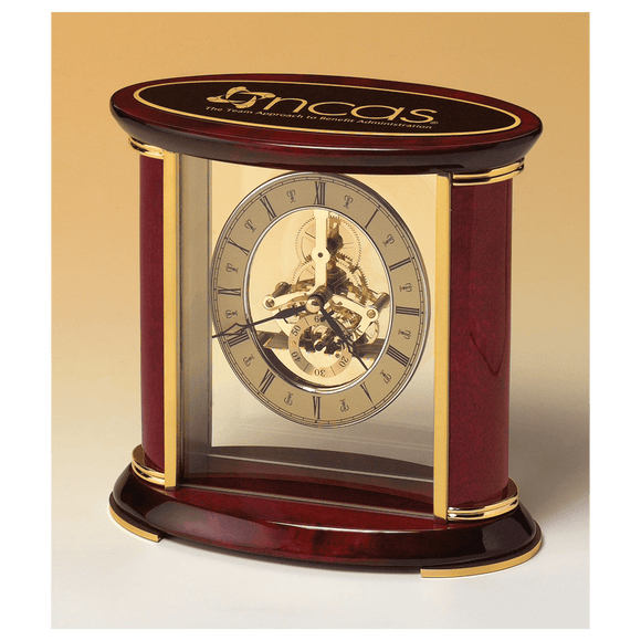 BC523 - 7" x 9" Skeleton Clock w/Sub-Second Dial, Brass Finish Movement, Rosewood Piano Accents, Plate