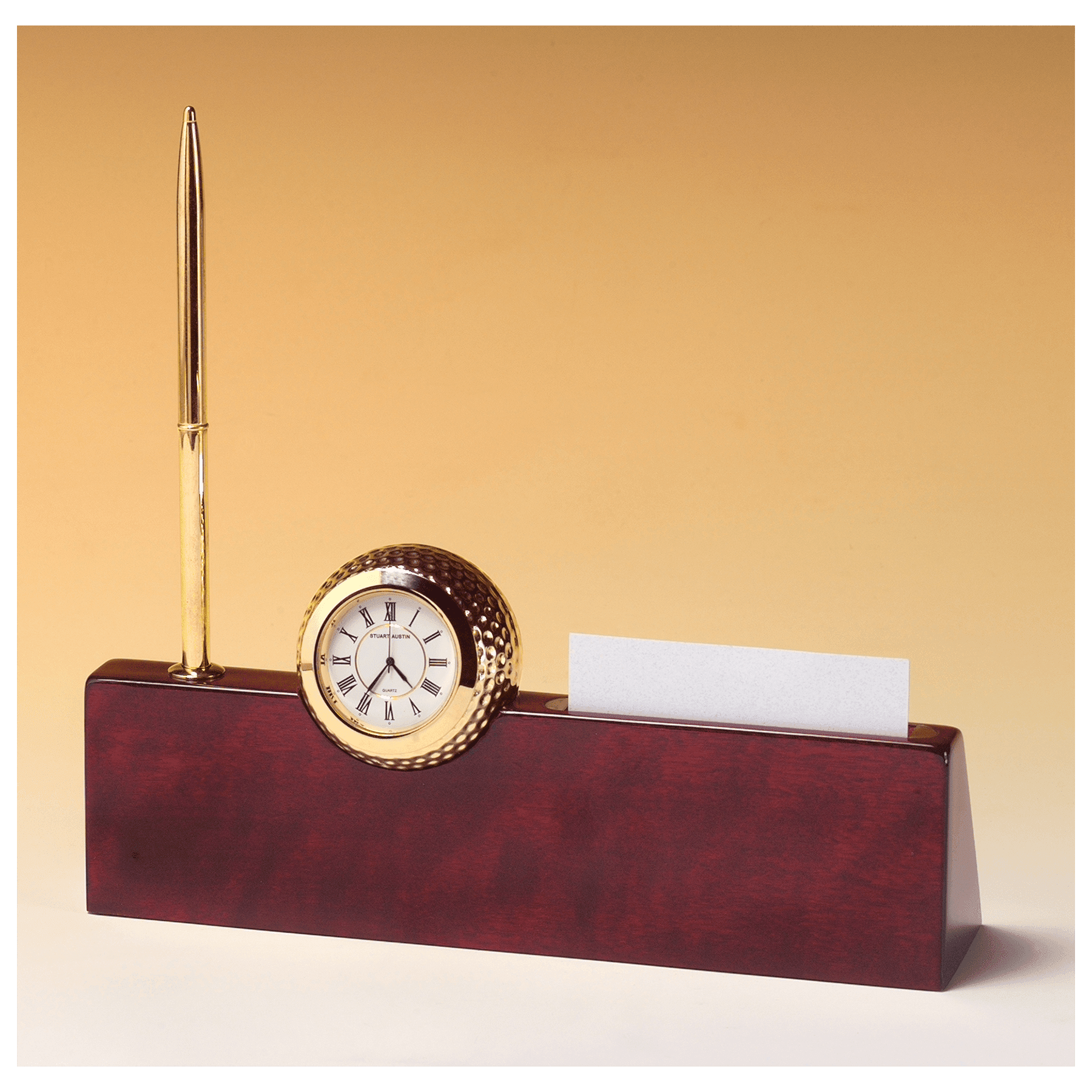 BC525 - 9" x 9" x 2 1/4" Gold Metal Golfball Clock on Rosewood Piano Nameplate, Business Card Holder, Pen