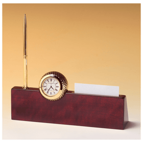 BC525 - 9" x 9" x 2 1/4" Gold Metal Golfball Clock on Rosewood Piano Nameplate, Business Card Holder, Pen
