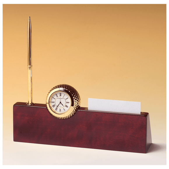 BC525 - 9" x 9" x 2 1/4" Gold Metal Golfball Clock on Rosewood Piano Nameplate, Business Card Holder, Pen
