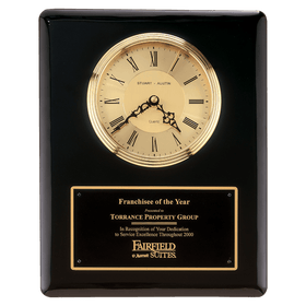 BC55 - 10 1/2" x 13" Black Piano Finish Clock, Waterfall Bezel with Glass Lens, Gold Dial, Plate