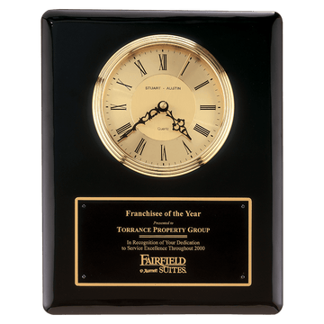 BC55 - 10 1/2" x 13" Black Piano Finish Clock, Waterfall Bezel with Glass Lens, Gold Dial, Plate