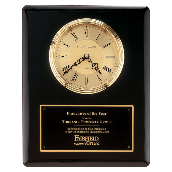 BC55 - 10 1/2" x 13" Black Piano Finish Clock, Waterfall Bezel with Glass Lens, Gold Dial, Plate