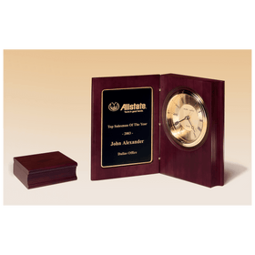 BC57 - 9" x 6 3/4" Hand Rubbed Mahogany Finish Book Clock, Diamond Spun Dial, 3 Hand Movement, Black Laserable Plate