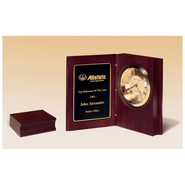 BC57 - 9" x 6 3/4" Hand Rubbed Mahogany Finish Book Clock, Diamond Spun Dial, 3 Hand Movement, Black Laserable Plate