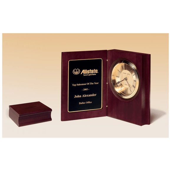 BC57 - 9" x 6 3/4" Hand Rubbed Mahogany Finish Book Clock, Diamond Spun Dial, 3 Hand Movement, Black Laserable Plate