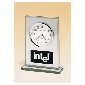 BC65 - 7 1/4" x 4 7/8" Glass Clock, Brushed Aluminum Panel, White Dial and Black Aluminum Plate