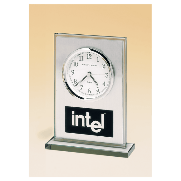 BC65 - 7 1/4" x 4 7/8" Glass Clock, Brushed Aluminum Panel, White Dial and Black Aluminum Plate