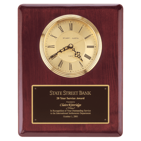 BC68 - 10 1/2" x 13" Rosewood Piano Finish Clock, Waterfall Bezel with Glass Lens,Gold Dial, Plate