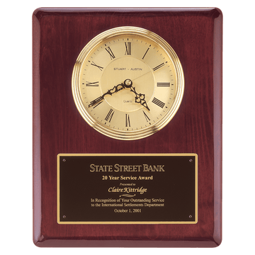 BC68 - 10 1/2" x 13" Rosewood Piano Finish Clock, Waterfall Bezel with Glass Lens,Gold Dial, Plate