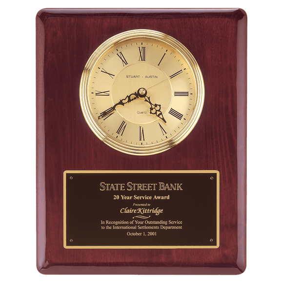 BC68 - 10 1/2" x 13" Rosewood Piano Finish Clock, Waterfall Bezel with Glass Lens,Gold Dial, Plate
