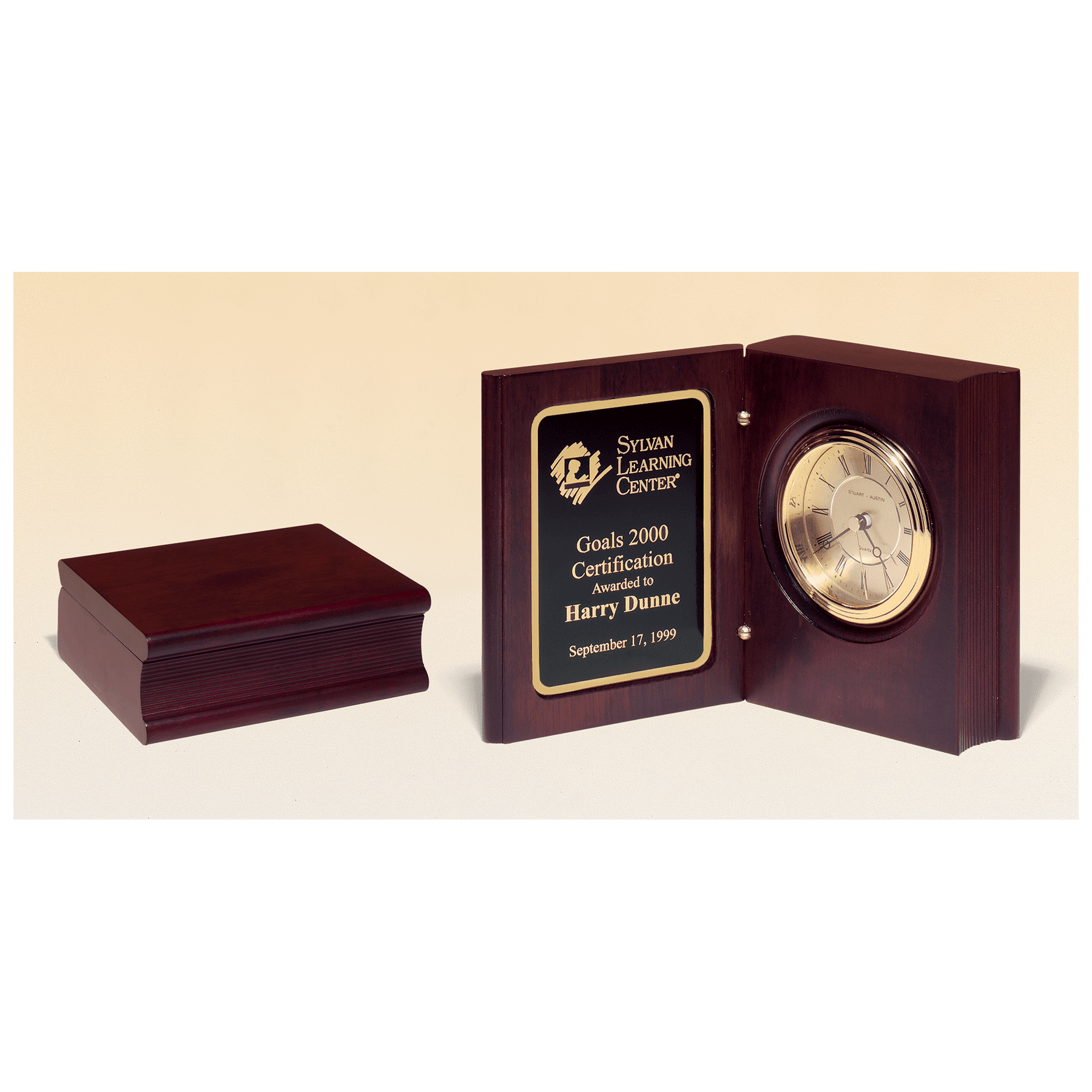 BC69 - 5 3/8" x 4 1/4" Hand Rubbed Mahogany Finish Book Clock w/Gold Spun Dial, 3 Hand Movement, Plate