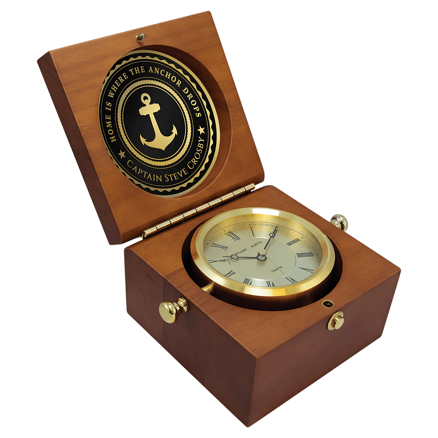 BC73 - 5 1/2" x 5 1/2" Mahogany Finish Captain's Clock, Brass Clock Housing, 4 1/4" Diameter Brass Disc/Plate