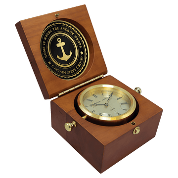 BC73 - 5 1/2" x 5 1/2" Mahogany Finish Captain's Clock, Brass Clock Housing, 4 1/4" Diameter Brass Disc/Plate
