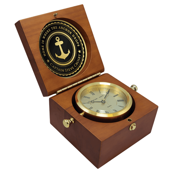 BC73 - 5 1/2" x 5 1/2" Mahogany Finish Captain's Clock, Brass Clock Housing, 4 1/4" Diameter Brass Disc/Plate