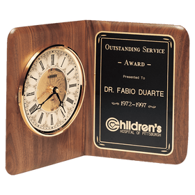 BC8 - 12 1/2" x 9 1/2" Walnut Quartz Book Clock, Brass Diamond Spun Bezel, Glass Lens, Ivory Dial