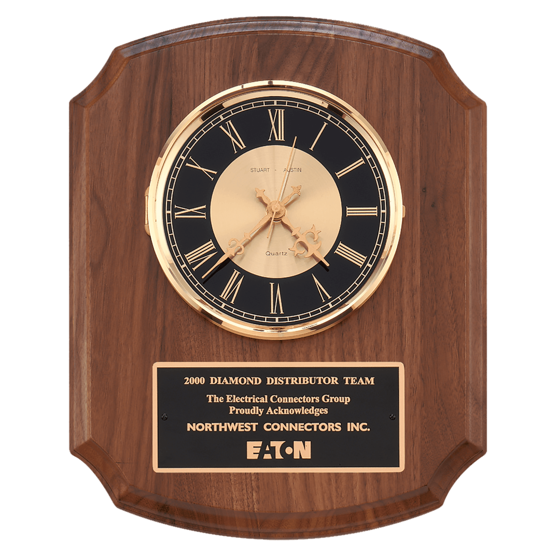 BC828 - 10 1/2" x 13" Walnut Quartz Clock, Brass Diamond Spun Bezel, Glass Lens, Black & Gold Dial