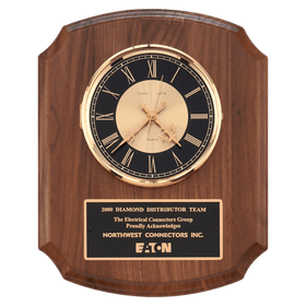 BC828 - 10 1/2" x 13" Walnut Quartz Clock, Brass Diamond Spun Bezel, Glass Lens, Black & Gold Dial