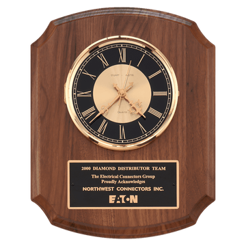 BC828 - 10 1/2" x 13" Walnut Quartz Clock, Brass Diamond Spun Bezel, Glass Lens, Black & Gold Dial