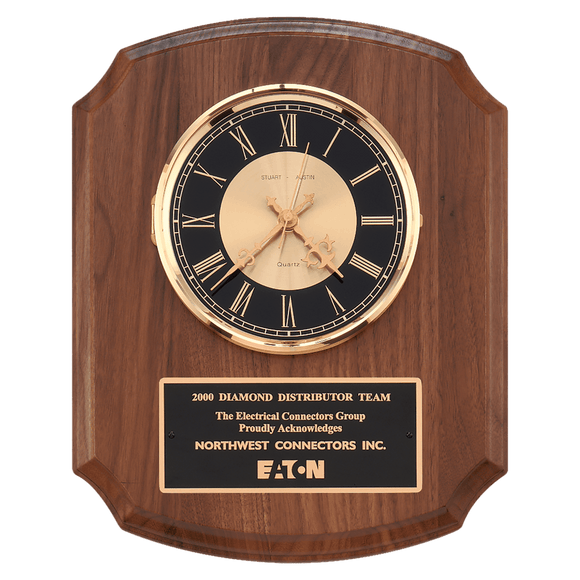 BC828 - 10 1/2" x 13" Walnut Quartz Clock, Brass Diamond Spun Bezel, Glass Lens, Black & Gold Dial