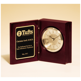 BC834 - 5 3/8" x 4 1/4" Rosewood Piano Finish Book Clock w/Diamond Spun Dial, 3 Hand Movement, Plate