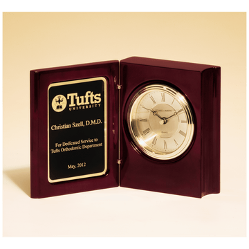 BC834 - 5 3/8" x 4 1/4" Rosewood Piano Finish Book Clock w/Diamond Spun Dial, 3 Hand Movement, Plate