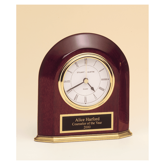 BC858 - 5 5/8" x 5 7/8" Rosewood Piano Finish Arched Table Clock with Solid Brass Base with Black Plate