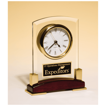 BC872 - 6 x 7 3/4" Beveled Glass Desk Clock, Rosewood Piano Finish Base, Gold MetalAccent with Black Plate