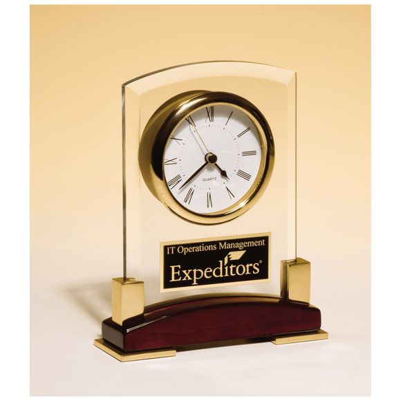 BC872 - 6 x 7 3/4" Beveled Glass Desk Clock, Rosewood Piano Finish Base, Gold MetalAccent with Black Plate