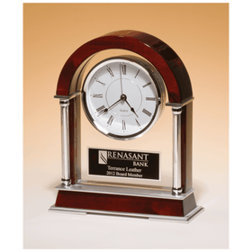 BC879 - 8 1/2" x 10 1/2" Rosewood Piano Finish Mantle Clock, Chrome Plated Posts, Silver Accents with Black Plate